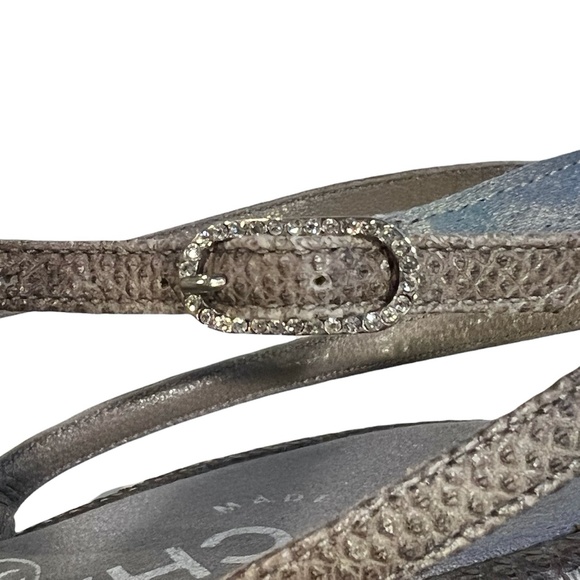 CHANEL LIZARD/SATIN GRAY CRYSTAL STAR & CC LOGO HEELED T-STRAP SANDALS - Picture 16 of 16